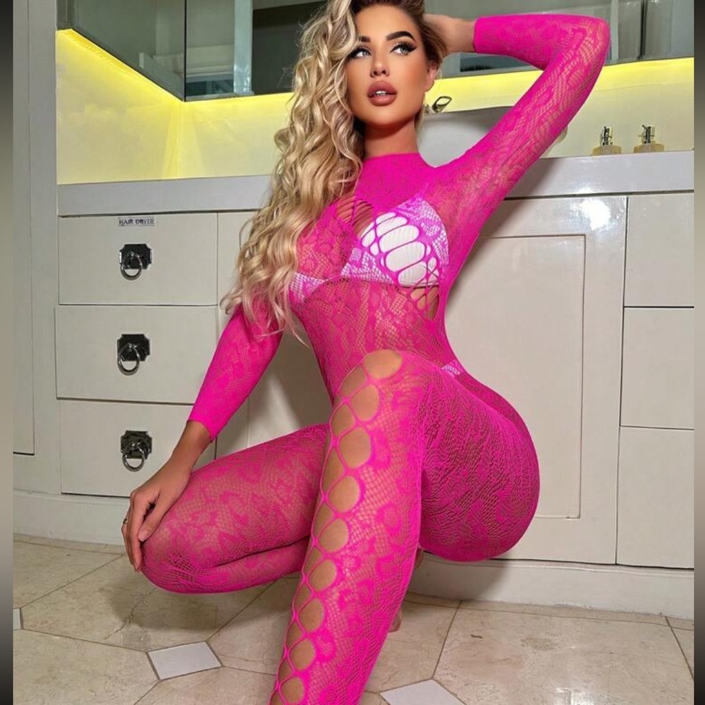 Neon Hot Pink Jacquard Hollow Out Fishnet Bodysuit